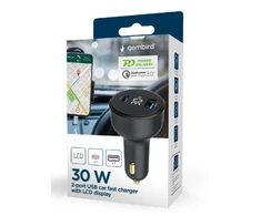 Gembird Greitas automobilinis įkroviklis 2x USB, C tipo (PD), LCD, 30W, juodas