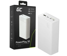 Green Cell Žalias Cell Greencell PowerPlay 30 – balta išorinė baterija, kurios talpa 30 000 mAh, 22.5 W, 4 prievadai