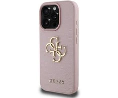 Dėklas Guess PU Grained 4G Metal Logo dėkals tavo Apple iPhone 15 Pro Max rožinės spalvos