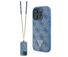 Guess GUHCP16LP4TDSCPB Apple iPhone 16 Pro 6.3″ mėlynas kietas dėklas Leather Metal Logo Strass Crossbody