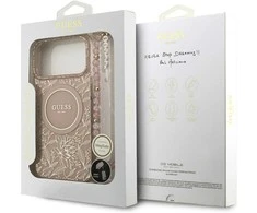 Guess IML Flowers Electro Pearl Strap MagSafe dėklas skirtas Apple iPhone 17 Pro Max rožinės spalvos