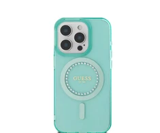 Guess GUHMP16SPFTDTEN Apple iPhone 16 6.1″ žalias kietas dėklas IML Rhinestones MagSafe