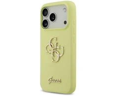 Dėklas Guess Liquid Silicone 4G Metal Logo Case for Apple iPhone 17 Pro geltonos spalvos