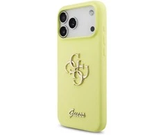 Guess Liquid Silicone 4G Metal Logo dėklas skirtas Apple iPhone 17 Pro Max geltonos spalvos