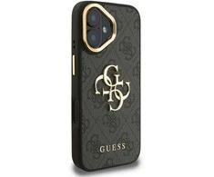 Guess PU 4G Metal Logo Stand Camera Frame dėklas skirtas Apple iPhone 16 juodos spalvos