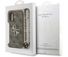 Dėklas „Guess“ PU 4G metalinis logotipo dirželis, skirtas „Apple iPhone 17“ rudos spalvos