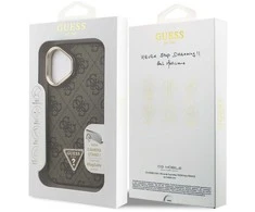 Guess PU 4G Strass Triangle Logo Stand Camera Frame MagSafe dėklas skirtas Apple iPhone 16 rudos spalvos