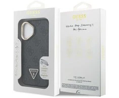 Guess PU 4G Strass Triangle Logo Stand Camera Frame MagSafe dėklas skirtas Apple iPhone 16 juodos spalvos