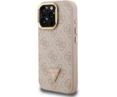 Guess PU 4G Strass Triangle Logo Stand Camera Frame MagSafe dėklas skirtas Apple iPhone 15 Pro Max rožinės spalvos