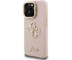 Guess PU Grained 4G Logo Stand Camera Frame dėklas skirtas Apple iPhone 15 Pro rožinės spalvos