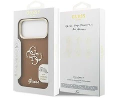 Guess PU Grained 4G Logo Stand Camera Frame dėklas skirtas Apple iPhone 17 Pro Max rudos spalvos