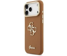 Guess PU Grained 4G Logo Stand Camera Frame dėklas skirtas Apple iPhone 17 Pro Max rudos spalvos