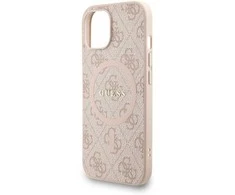 Guess PU Leather 4G Colored Ring Strap MagSafe dėklas skirtas Apple iPhone 15 rožinės spalvos