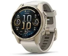 Išmanusis laikrodis Garmin Fenix 8 – 43 mm, AMOLED Sapphire, Šviesaus aukso ir rūko pilkos / tamsios smiltainio spalvos silikoninis dirželis