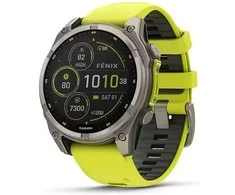 Išmanusis laikrodis Garmin Fenix 8 51mm, Solar, Sapphire, Titanas su ryškiai geltonu / grafito spalvos silikoniniu dirželiu