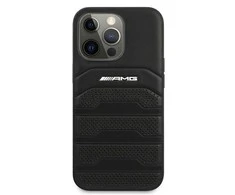 Mercedes Benz Apple iPhone 13 Pro Max Mercedes AMG dėklas odinis Debossed Lines (AMHCP13XGSEBK) juodos spalvos
