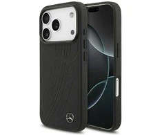 Original dėklas MERCEDES Leather Large Laurel Leave MagSafe skirtas Apple iPhone 17 Pro juodos spalvos