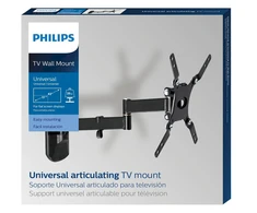 Philips Universalus šarnyrinis sieninis laikiklis televizoriui iki 42", suderinamas su VESA sieniniu laikikliu: 100x100 mm, 200x100 mm, 200x200 mm, prailginimas: 35 cm, atstumas nuo sienos: 4,2 cm, lygio korekcija, TV kabelių valdymas, montavimo šablonai ir techninė įranga.