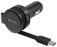 Įkroviklis automobilinis Platinet su Type-C laidu (1xUSB 2.4A) juodas