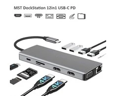 „RoGer MST“ 12in1 „Lite“ doko stotelė, USB-C į 2x HDMI / 4x USB3.0 / SD/TF / VGA / LAN