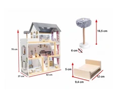 KIK MDF medinis lėlių namelis + baldai 78cm juodas LED