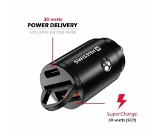 USB -C + Super Charge 3.0W „Nano Swissten“ automobilio „Adapte RPOWer“ pristatymas - juodas