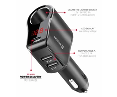 Swissten automobilinis įkroviklis 1x USB-C PD / 2x USB-A / CL / LED