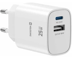 Swissten Edge Travel Charger USB-C PD 25W + USB-A QC 18W Baltas