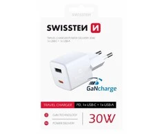 Įkroviklis Swissten Mini Gan Travel Charger 1x USB-C + 1xUSB 30W Power Delivery