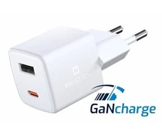 Įkroviklis Swissten Mini Gan Travel Charger 1x USB-C + 1xUSB 30W Power Delivery