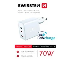 Įkroviklis Swissten Swissten GaN 2x USB C + USB 70 W Power Delivery Balta