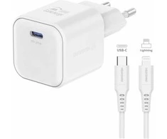 „Swissten“ kelioninis įkroviklis GaN USB-C 20 W PD + duomenų kabelis USB-C – „Lightning“ 1,2 m