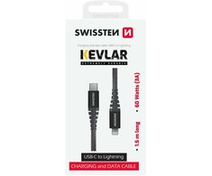 Swissten Kevlar duomenų kabelis USB-C / Lightning 1,5m / 60w