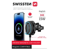„Swissten Magstick“ kompaktiškas magnetinis automobilio laikiklis su belaidžiu įkrovikliu 15 W/7,5 W (suderinamas su „Magsafe“)