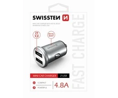 Swissten Metal Premium Car charger 2 x USB / 4.8A Sidabrinis