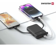 Swissten Power Bank 10000 mAh 20W su įmontuotais USB-C ir Lightning laidais (suderinamas su MagSafe)