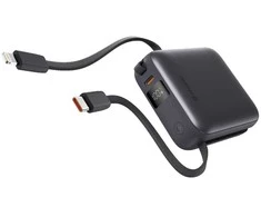 „Swissten“ išorinė baterija 10000 mAh su integruotais USB-C ir „Lightning“ laidais
