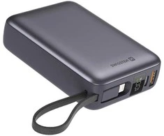 „Swissten“ išorinė baterija 20000 mAh su integruotais USB-C ir „Lightning“ laidais