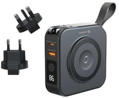 „Swissten“ išorinė baterija „ALL-IN-ONE PRO“ su keičiamais kištukais (JAV / ES / JK), 20 W, 10000 mAh