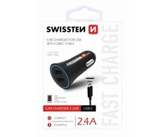 Automobilių įkroviklis 2.4a 2x USB + USB-C Swissten Cable