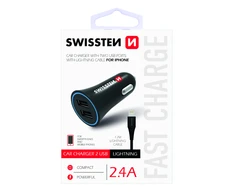 Swissten Premium automobilinis įkroviklis 12 - 24V / 1A + 2.1A + Lightning duomenų kabelis 1,2m