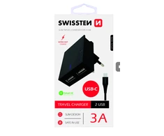 Phone Accessories Swissten Smart IC tinklo įkroviklio rinkinys 2xUSB 3A+Type C duomenų kabelis 1,2m, juodas