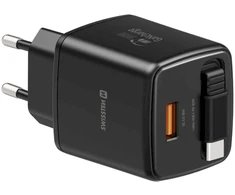 Swissten SlideCHARGE Power Charger GaN 30W USB-A 18W With retractable USB-C cable 0.75m juodas