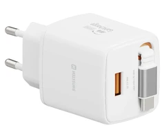 Swissten SlideCHARGE Power Charger GaN 30W USB-A 18W With retractable USB-C cable 0.75m baltas