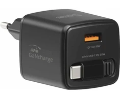 Swissten SlideCHARGE Power Charger GaN 30W USB-A 18W With retractable USB-C cable 0.75m juodas