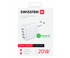 Swissten Smart IC Premium kelioninis įkroviklis 4 x USB 4A / 20W su automatiniu optimalaus maitinimo įkrovimu
