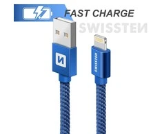 Swissten Textile Fast Charge 3A Lightning Data ir įkrovimo kabelis 2m