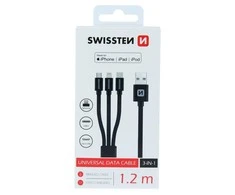 USB kabelis Swissten USB-A - USB-C + microUSB + Žaibas 1,2 m Juodas (72501101)