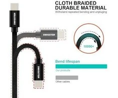 Swissten Textile Universal Quick Charge 3.1 USB-C / USB-C Data and Charging Cable 0.2m juodas