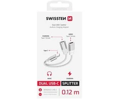 SWISSTEN TEXTILE Įkrovimo garso adapteris USB-C (M) - 2x USB-C (F) 0,12 m baltas